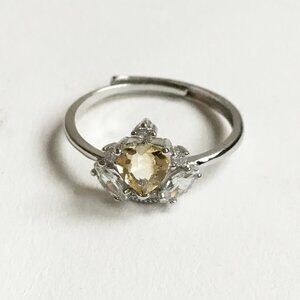 Silver Tone Yellow Citrine Colored Heart Shaped Stone Adjustable Ring